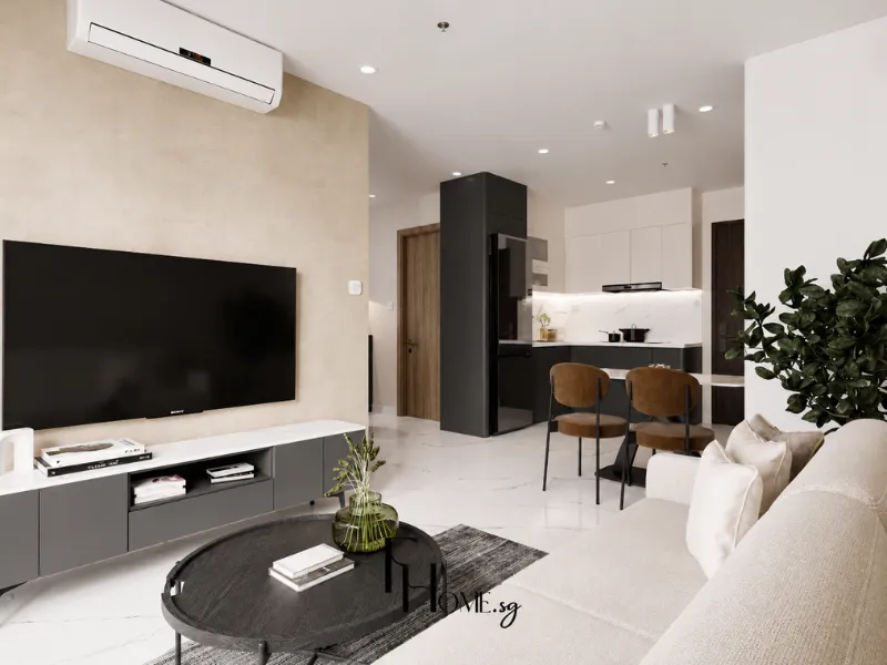 Phòng khách tối giản hiện đại tại Vinhomes Grand Park do FHome Sài Gòn thực hiện.