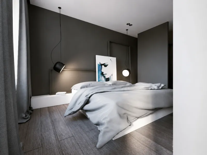 Thiết kế nội thất phòng ngủ phong cách tối giản với giường đặt ở vị trí trung tâm