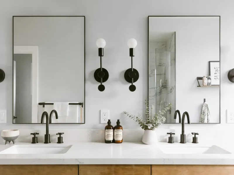 Phòng tắm phong cách tối giản với lavabo đôi gương lớn và tủ gỗ tự nhiên.