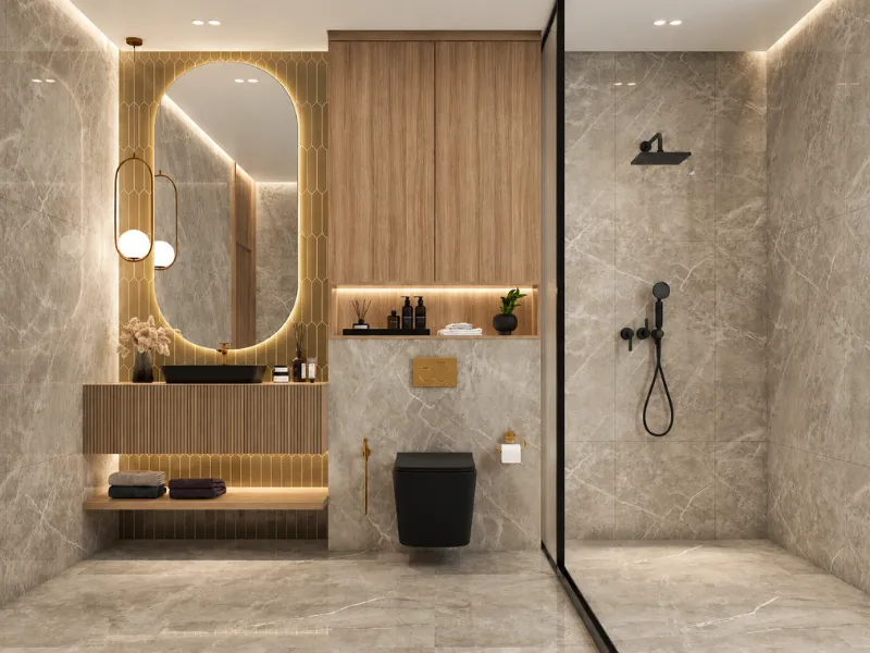 Phòng tắm phong cách tối giản với vách kính trong và thiết bị vệ sinh treo tường