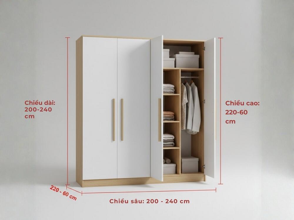 Tủ quần áo 4 cánh phù hợp phòng từ 20m², nhu cầu lưu trữ lớn
