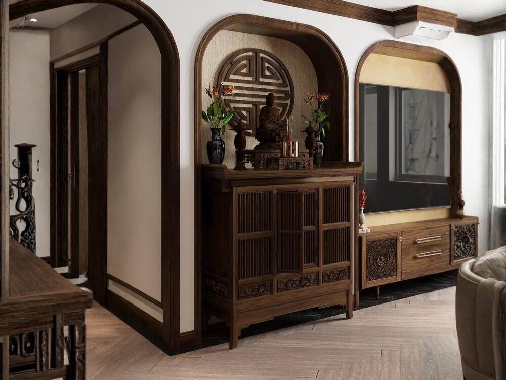 Tủ thờ sang trọng làm từ gỗ quý, chạm khắc tinh xảo, kết hợp thẩm mỹ và chức năng