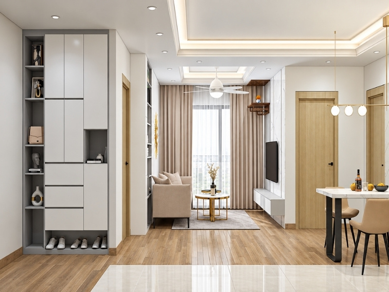 Bố trí ánh sáng phòng khách căn hộ chung cư 60m2 kết hợp rèm hai lớp và đèn hắt trần