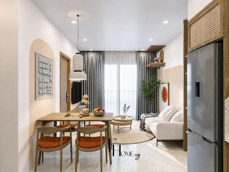 Bố trí phòng khách liền bếp căn hộ chung cư 60m2 tone màu ấm cúng