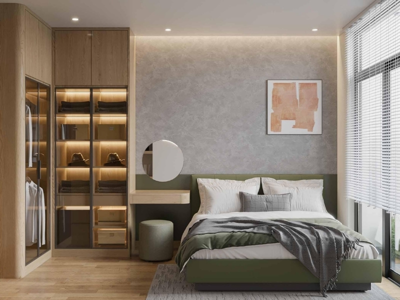 Bố trí phòng ngủ Master căn hộ chung cư 60m2 giường xanh rêu và tủ cánh kính