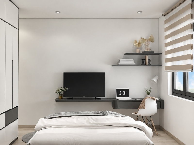 Bố trí phòng ngủ nhỏ căn hộ chung cư 60m2 bàn học kết hợp kệ tivi treo