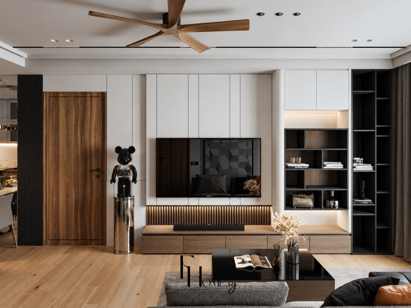 Hệ vách tivi và tủ trang trí kịch trần phòng khách chung cư 60m2 phong cách hiện đại