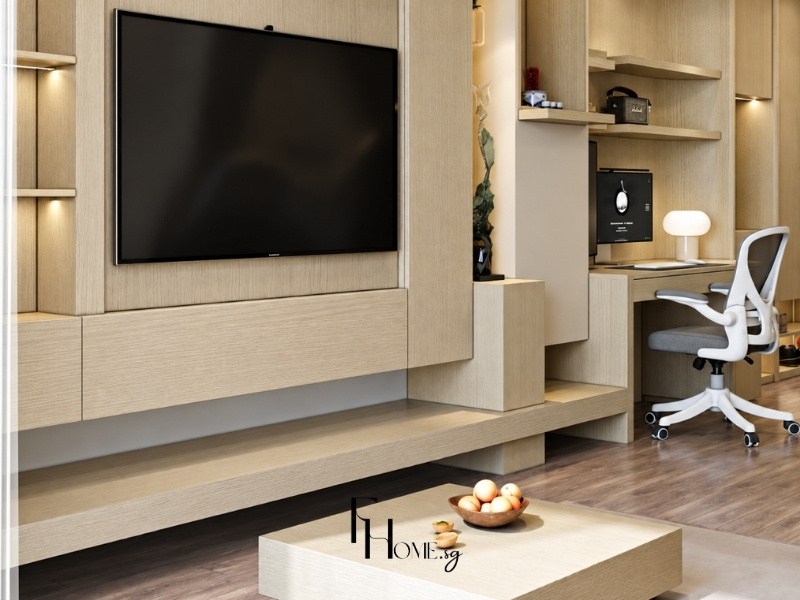 Kệ tivi kết hợp bàn làm việc căn hộ chung cư 60m2 phong cách tối giản