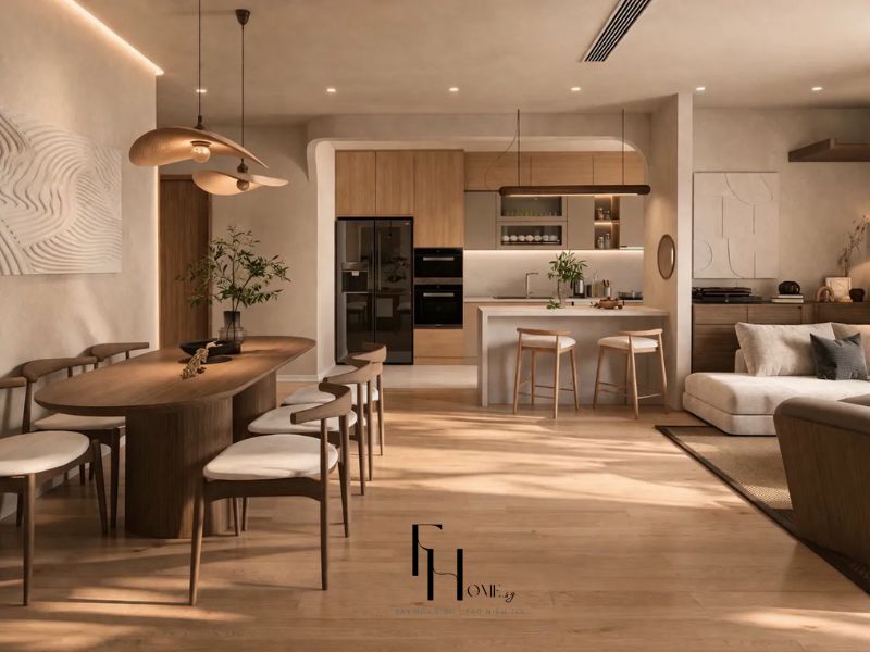 Không gian bếp và phòng khách liên thông phong cách Scandinavian bàn ăn gỗ oval, ghế chân thon và vòm cung trần bo cong trong thiết kế nội thất chung cư 90m2