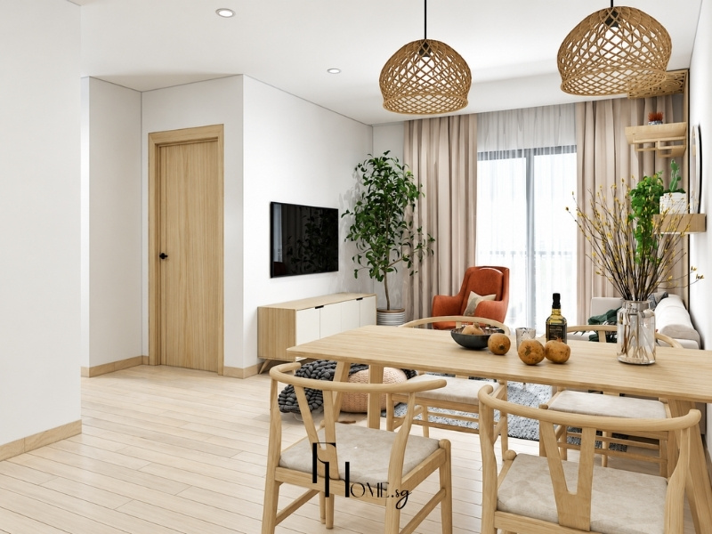 Không gian mở phòng khách căn hộ chung cư 60m2 phong cách Bắc Âu đón ánh sáng ban công