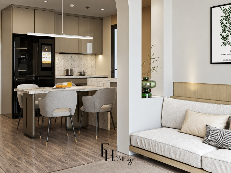 Không gian mở phòng khách liền bếp căn hộ chung cư 60m2 phong cách tối giản