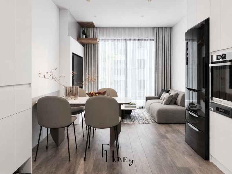 Không gian phòng khách liền bếp căn hộ chung cư 60m2 1 phòng ngủ mở thoáng đãng