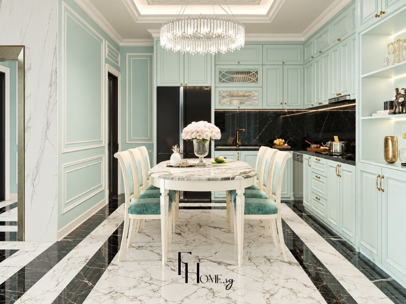 Khu vực bếp và bàn ăn căn hộ chung cư 60m2 phong cách tân cổ điển nhẹ nhàng