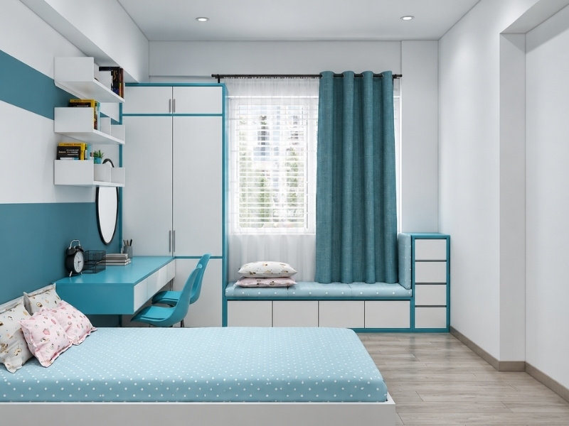 Mẫu nội thất thông minh phòng ngủ căn hộ chung cư 60m2 tích hợp bàn học và bục cửa sổ