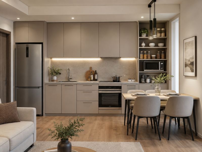 Mẫu phòng bếp chung cư 60m2 có tủ bếp kịch trần và kệ mở lưu trữ