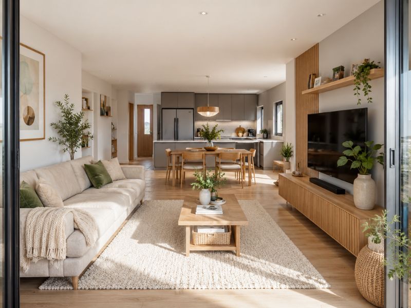 Mẫu phòng khách chung cư 90m2 với sofa vải sáng, kệ tivi gỗ và bàn ăn liền bếp