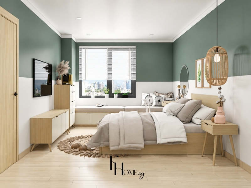 Mẫu phòng ngủ căn hộ chung cư 60m2 phong cách Bắc Âu với tone màu xanh pastel