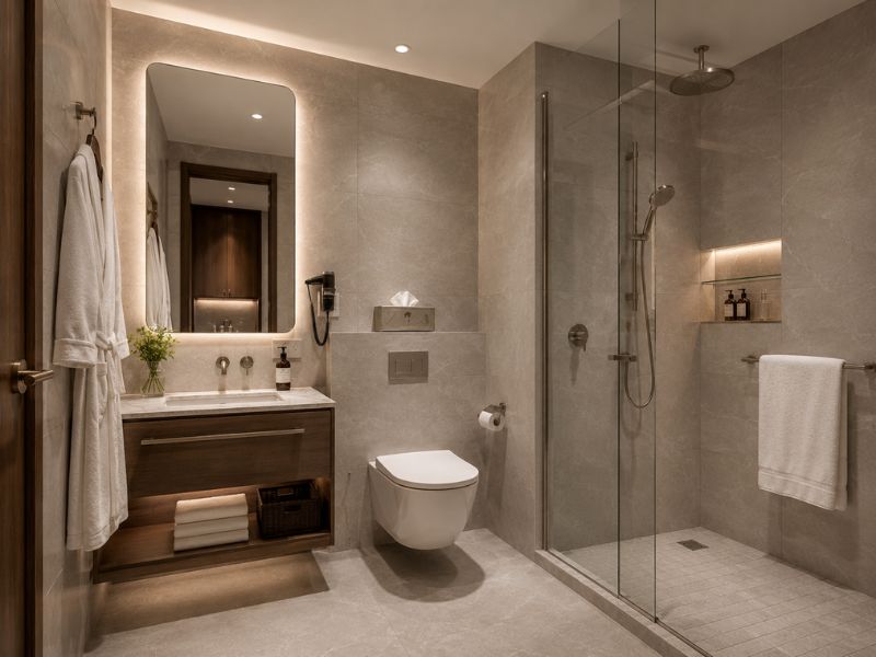 Mẫu phòng tắm chung cư 60m2 có gương hắt sáng và khu tắm đứng vách kính