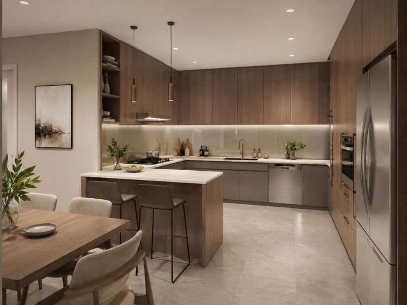 Mẫu thiết kế nội thất căn hộ 90m2 với phòng bếp chữ U, đảo bếp nhỏ và ghế bar 