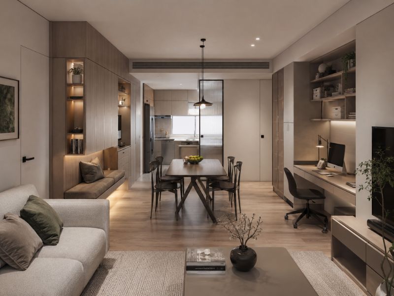 Mẫu thiết kế nội thất chung cư 60m2 có tủ kịch trần và nội thất đa năng trong không gian mở