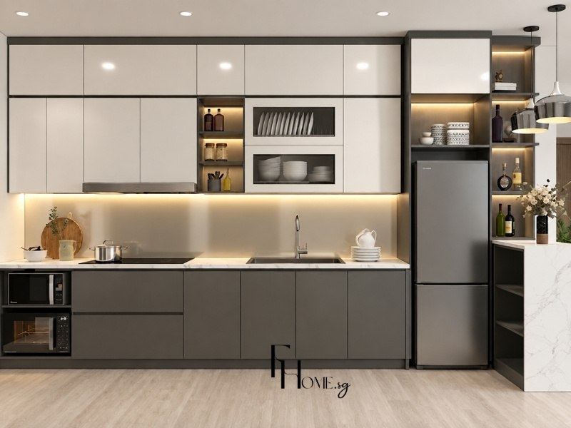Mẫu tủ bếp chữ I kịch trần căn hộ chung cư 60m2 2 phòng ngủ tiện nghi