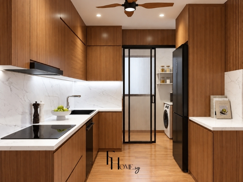 Mẫu tủ bếp chữ L căn hộ chung cư 60m2 phong cách Japandi kết nối lô gia