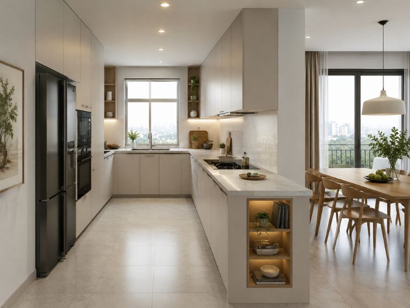 Phòng bếp chữ L trong thiết kế nội thất chung cư 90m2 với tủ kem, cửa sổ và bàn ăn cạnh bếp
