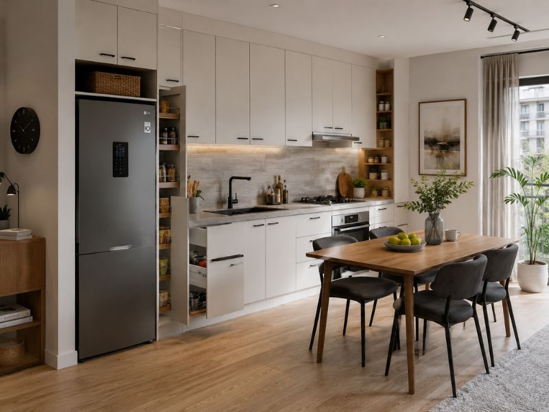 Phòng bếp thiết kế nội thất chung cư 60m2 với tủ kịch trần và bàn ăn gỗ