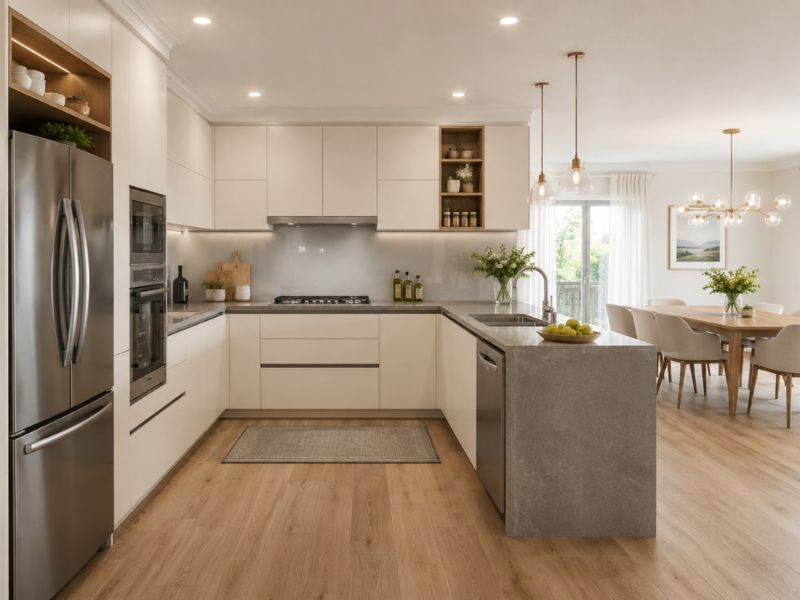 Phòng bếp trong thiết kế nội thất căn hộ 90m2 với bố cục chữ U, tủ bếp kem và bàn ăn liền kề 