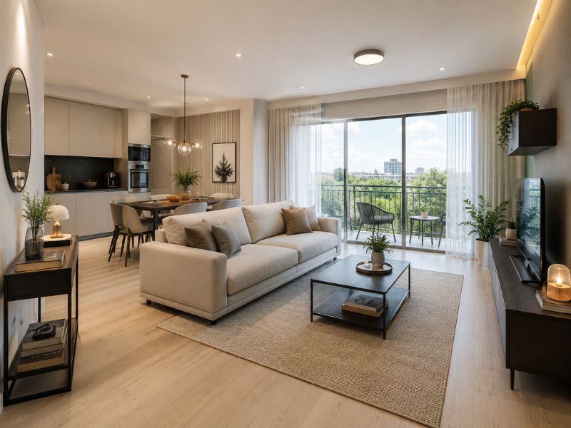 Phòng khách căn hộ chung cư 60m2 có sofa lớn, bàn trà đen và cửa kính ban công