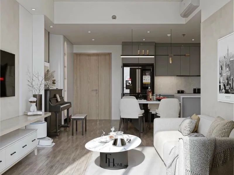 Phòng khách chung cư 60m2 tông xám trắng kệ tivi thấp đàn piano đen bàn ăn trắng ghế đen bếp xám