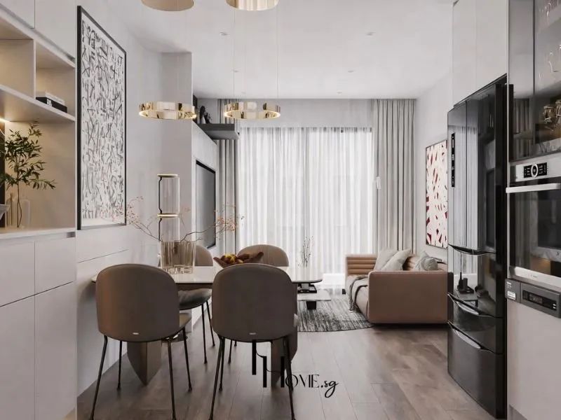 Phòng khách chung cư 68m2 không gian mở liên thông bàn ăn đá trắng ghế nâu xám sofa da hồng nude đèn thả vàng