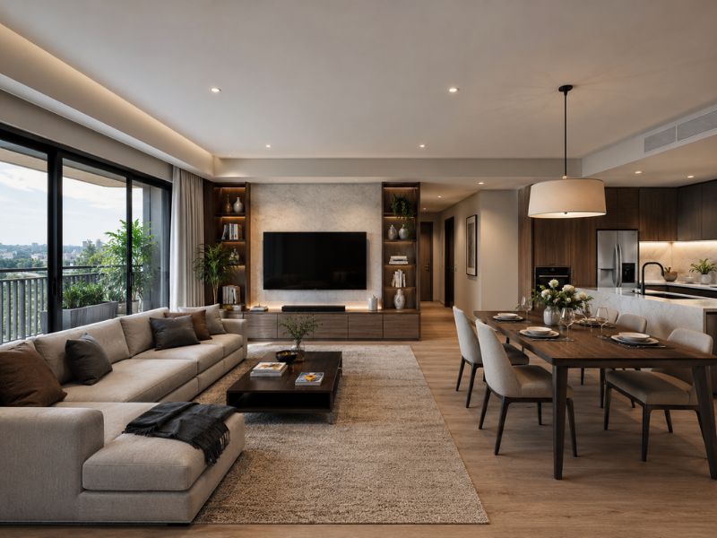 Phòng khách chung cư 90m2 liên thông bếp và bàn ăn, có sofa lớn, kệ tivi và cửa kính ban công 