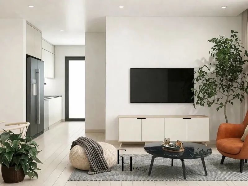 Phòng khách chung cư cây bàng singapore lớn góc phòng cây trầu bà góc bếp không gian xanh tự nhiên