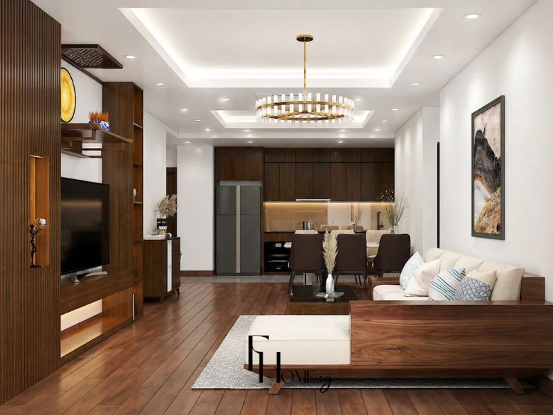 Phòng khách chung cư ghế sofa gỗ óc chó khung nặng kích thước lớn chiếm diện tích sàn đáng kể
