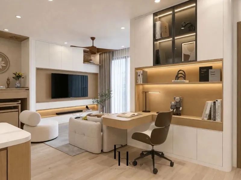 Phòng khách chung cư góc làm việc bàn gỗ âm tường kệ sách đèn hắt ghế xoay tích hợp hệ tủ trắng