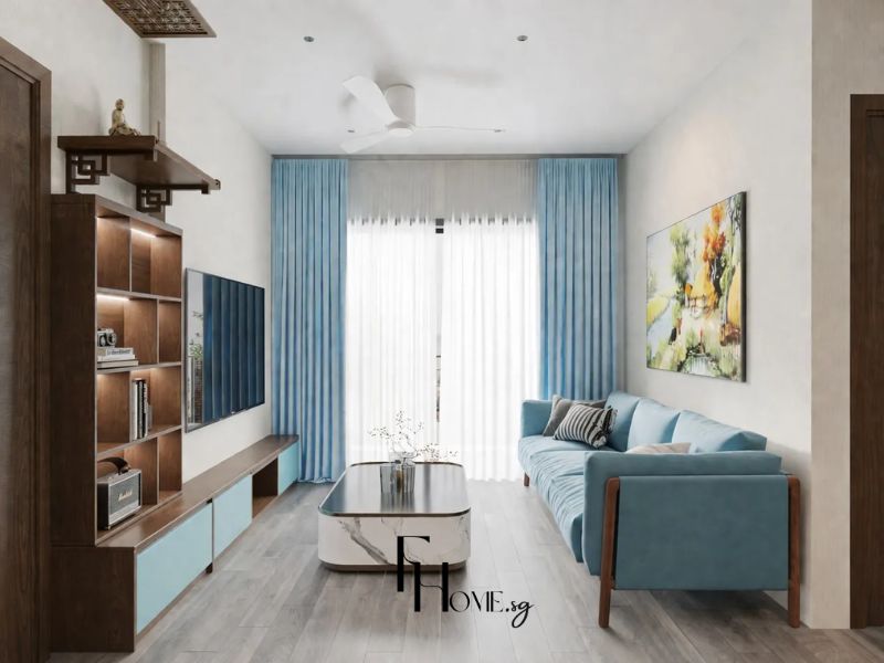Phòng khách chung cư nhỏ 17m2 kệ tivi gỗ nâu liền tủ ghế sofa xanh bầu trời rèm xanh 2 lớp bàn trà đá