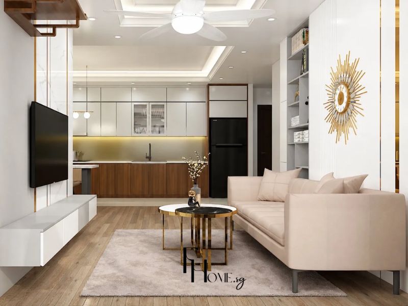 Phòng khách chung cư nhỏ 25m2 liền bếp tông trắng vàng gold ghế sofa hồng nude bàn trà mạ vàng kệ sách trắng