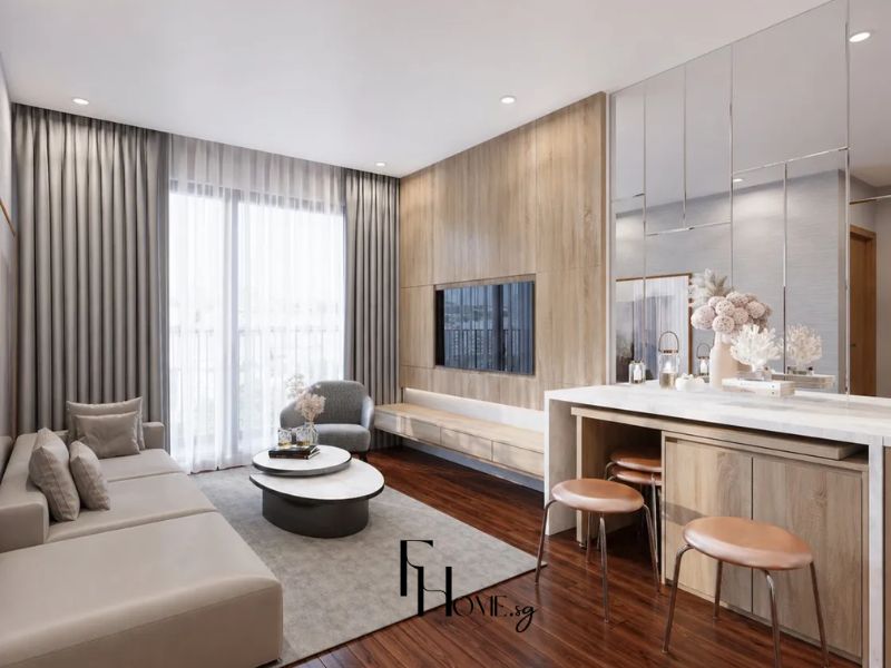 Phòng khách chung cư nội thất thông minh kệ tivi gỗ liền tủ âm quầy bar tích hợp ngăn chứa ghế sofa đa năng