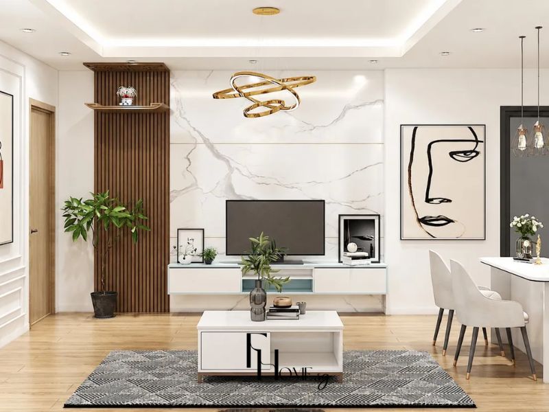 Phòng khách chung cư phối màu 60-30-10 tường trắng vách đá cẩm thạch kệ gỗ lam bàn trà trắng thảm xám