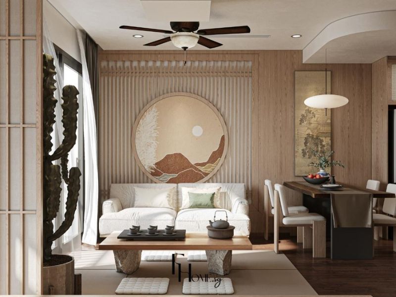 Phòng khách chung cư phong cách Japandi vách gỗ lam nâu tranh tròn Á Đông ghế sofa trắng thấp bàn trà chân đá