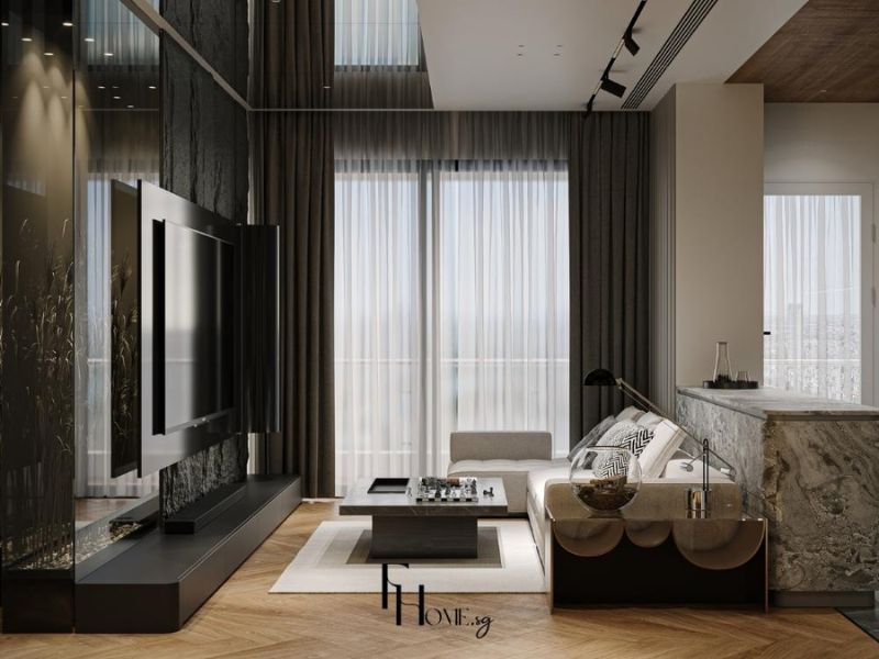 Phòng khách chung cư Luxury trần cao vách đá đen họa tiết vàng đồng ghế sofa trắng kem quầy bar đá vân nâu sàn gỗ xương cá