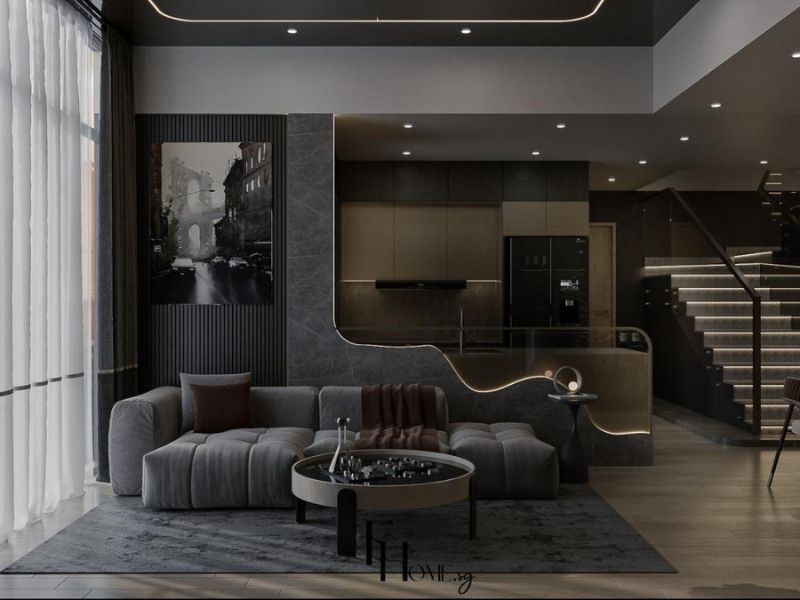 Phòng khách chung cư Luxury tông đen xám tối trần đèn LED viền cong ghế sofa xám lớn vách đá đen lam gỗ tối