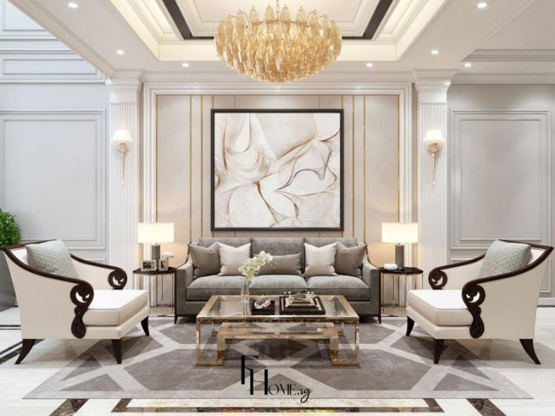 Phòng khách chung cư Tân cổ điển bố cục đối xứng tường phào chỉ vàng ghế sofa xám nhung đèn chùm thủy tinh vàng