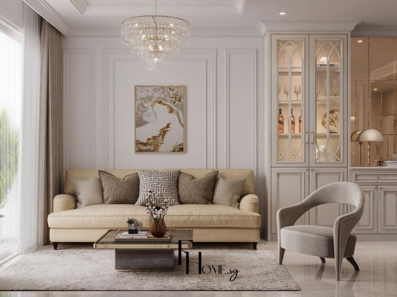 Phòng khách chung cư Tân cổ điển tường phào chỉ trắng đèn chùm pha lê ghế sofa kem da tủ rượu kính cửa vòm mạ đồng
