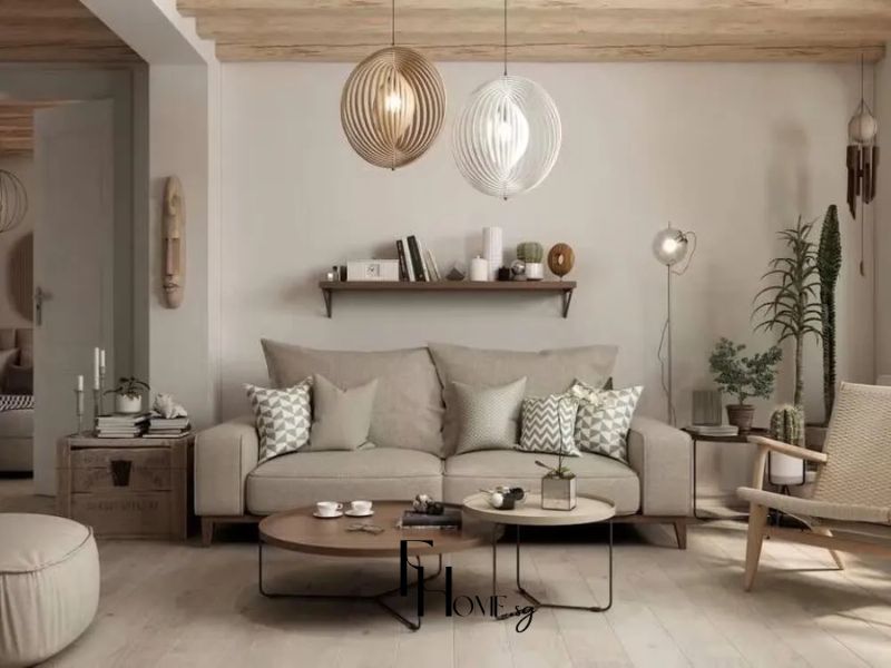 Phòng khách chung cư Vintage đèn thả nan gỗ sofa be gối hoa văn hình học bàn trà tròn kệ gỗ treo tường