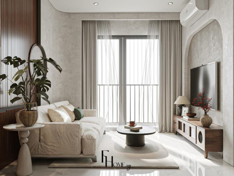 Phòng khách chung cư Wabi Sabi tường lanh tô xám mộc hốc vòm tivi ghế sofa be vải thô cây monstera bình mây đan
