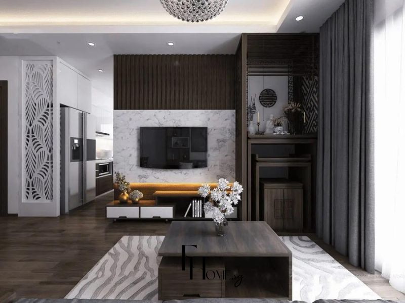 Phòng khách chung cư hiện đại vách tivi đá trắng lam gỗ tối bàn thờ tích hợp vách CNC trắng