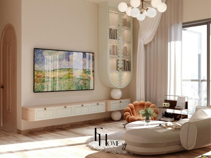 Phòng khách chung cư phong cách hiện đại tivi tranh phong cảnh tủ kính xanh mint ghế đơn cam ghế sofa kem