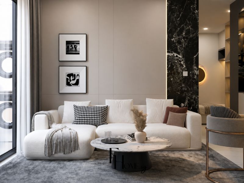 Phòng khách chung cư phong cách hiện đại ghế sofa trắng bàn trà đá cẩm thạch vách đá đen tranh đen trắng